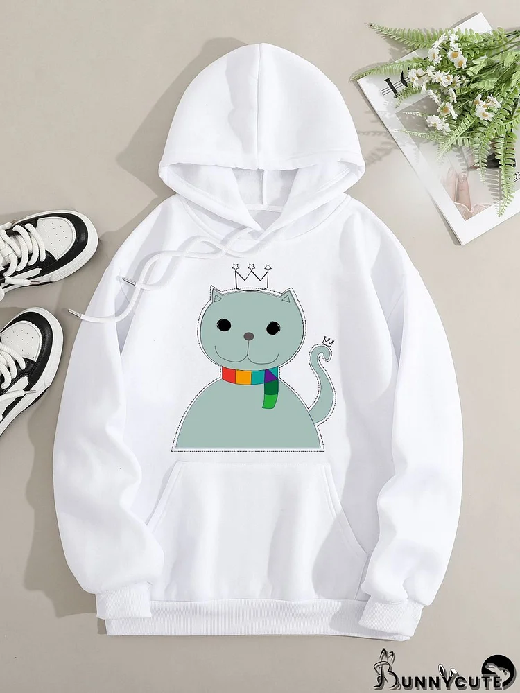 Printed on front Kangaroo Pocket Hoodie Long Sleeve for Women Pattern  Blue Crowned Cartoon Cat