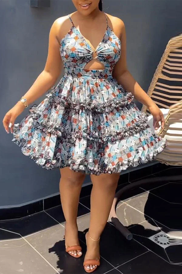 Geometric Print Sweet Cutout Tiered Mini Dress