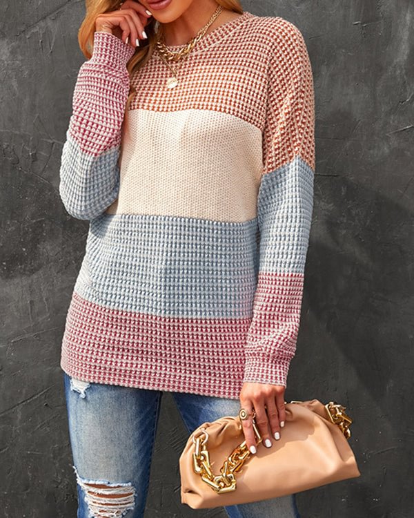 New Loose Crew Neck Contrast Stripe Knit Top