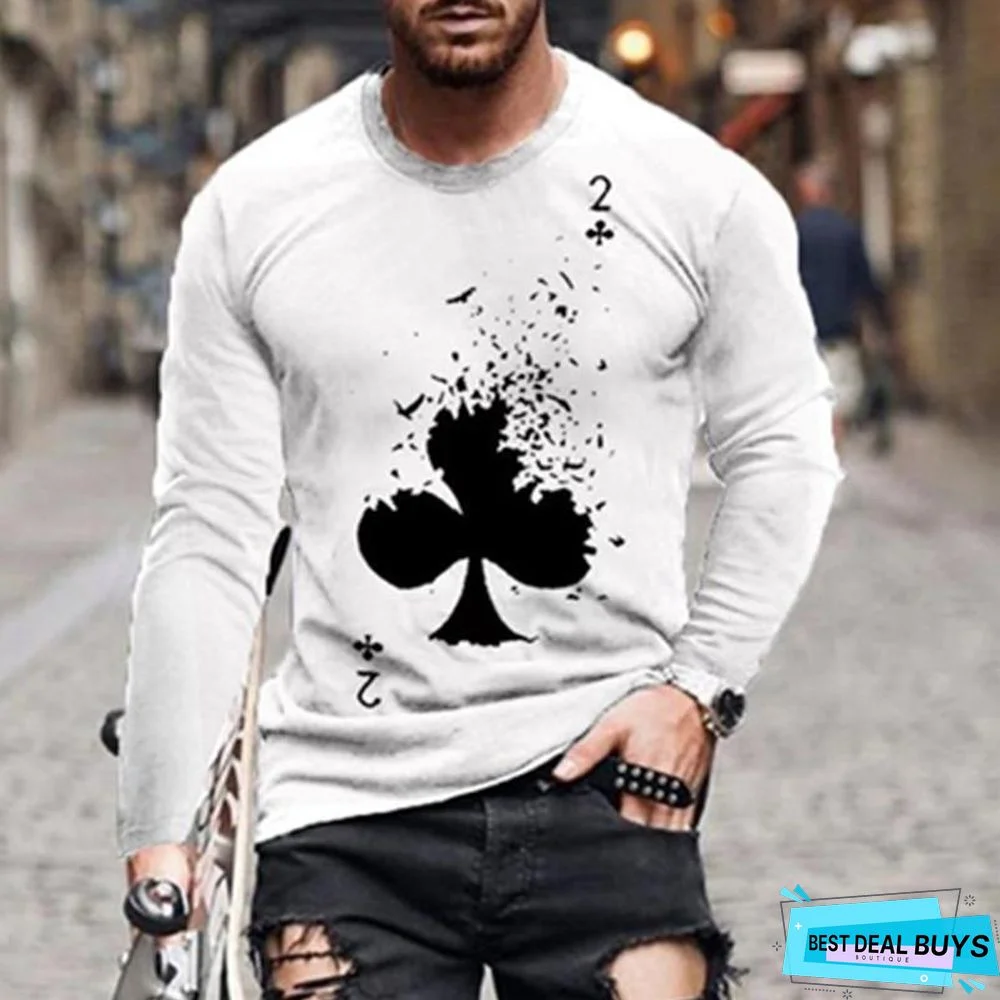 Men's Street Leisure Trend Poker Printed Flower Long Sleeve T-Shirt