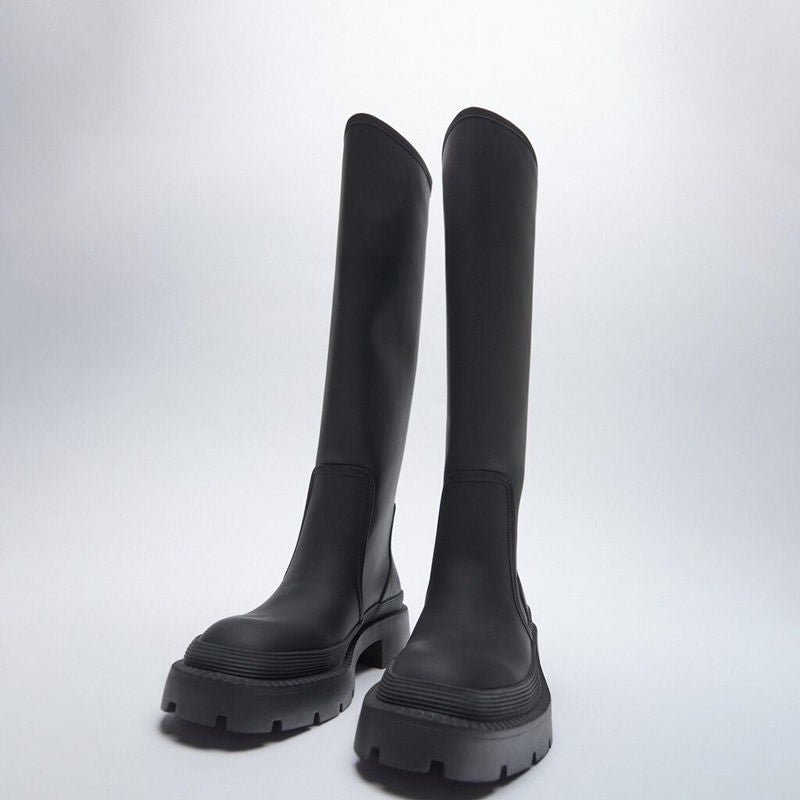 2021 New Round Toe Platform Women Knee High Boots Slip on Casual Chunky Heel Women Long Boots Luxury Brand Designer Winter Shoes