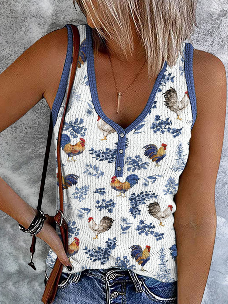Comstylish Chicken Print V-Neck Sleeveless Casual Tank Top