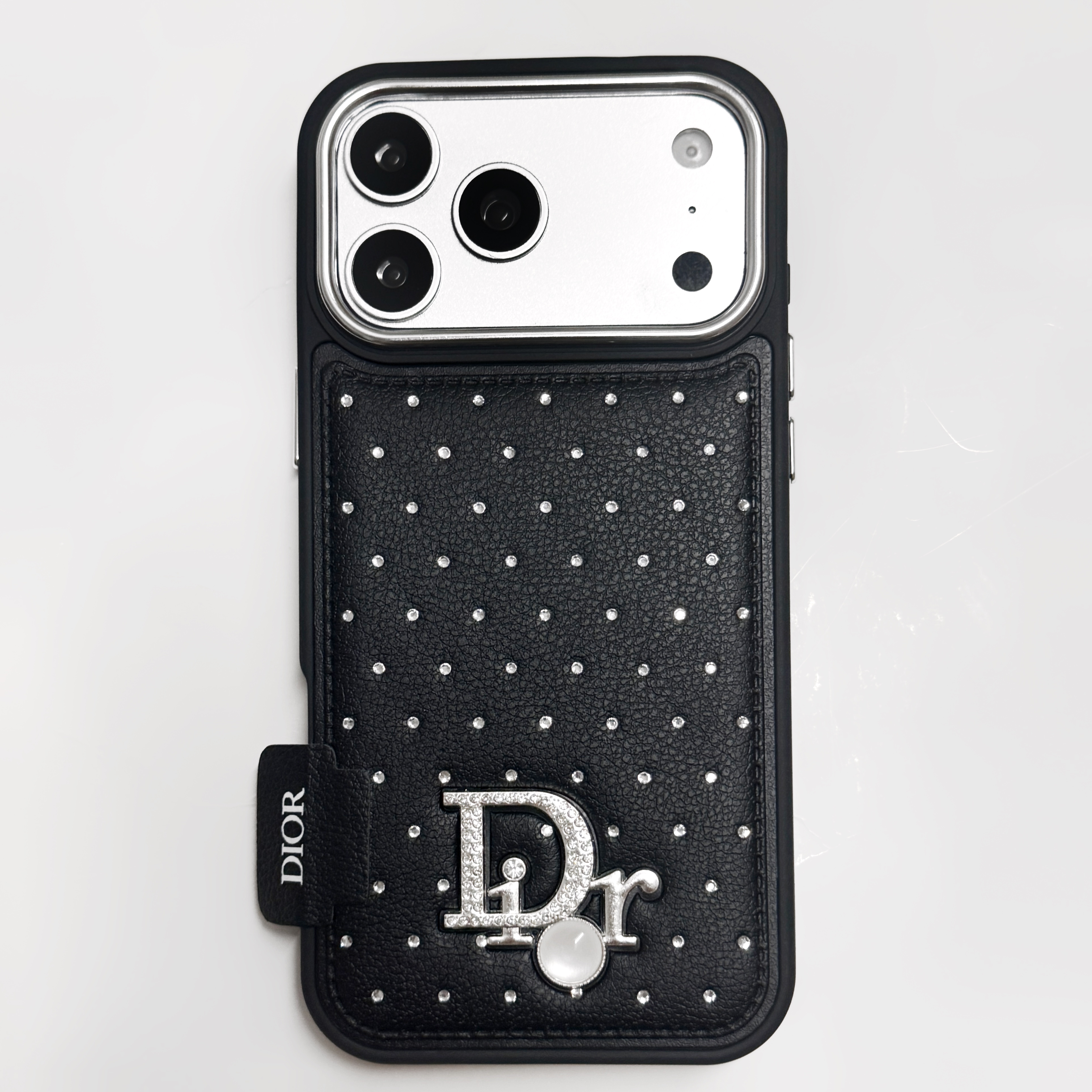 Dior Inspired Bling iPhone Case with Quilted Leather, Rhinestone Camera Protector, Pearl, and Metal Letter Charm - Fits iPhone 13 to 17 Pro Max, Includes Gift Box