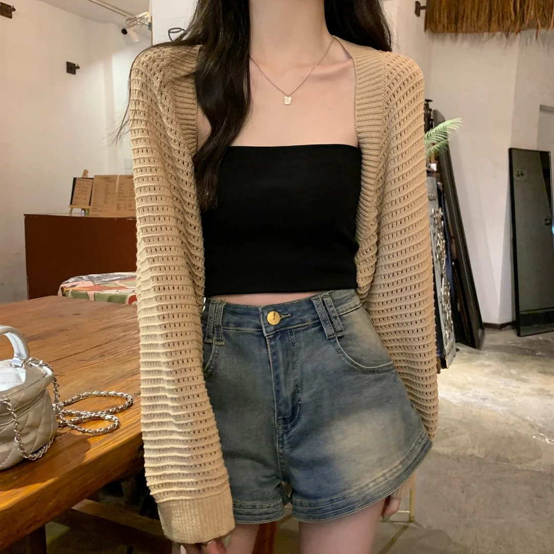 Uveng Uveng Version Of Fashion Loose Hollow Out Short Jacket Cardigan Long Sleeve Sunscreen Knitting Women 2023 Summer New Coat Tide