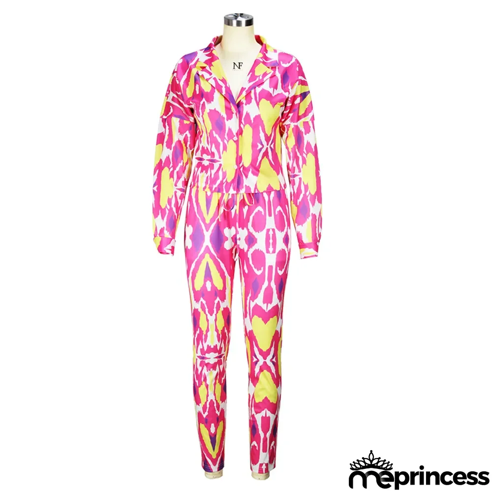 Spring/Summer Knotted Crop Print Turndown Collar Shirt Pants Suit Fall/Winter Women's Two Piece Set