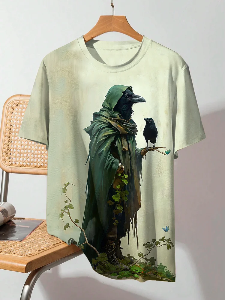 Men's Retro Mystical Crow Mage Oil Painting Print Casual T-Shirt