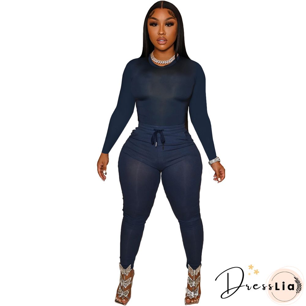 Solid Long Sleeve T Shirt Lace Up Pants Set