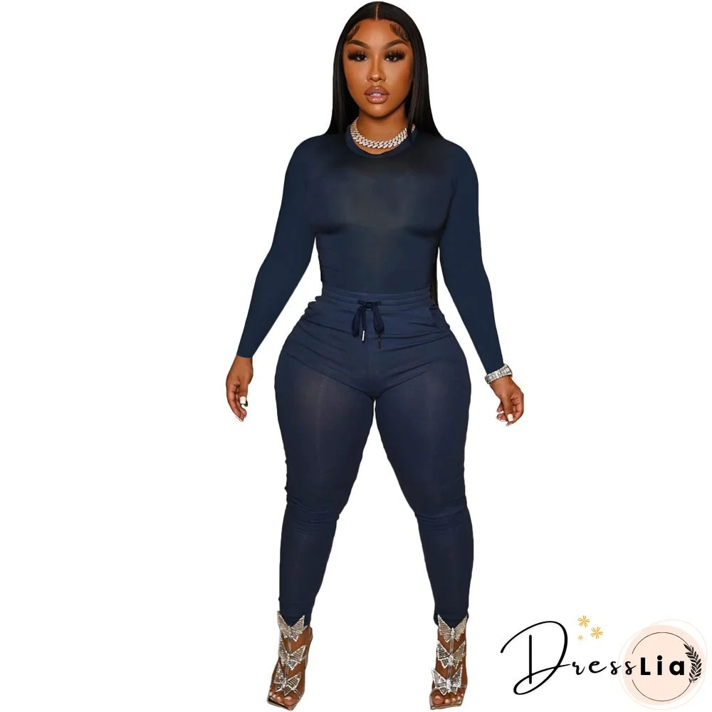 Solid Long Sleeve T Shirt Lace Up Pants Set