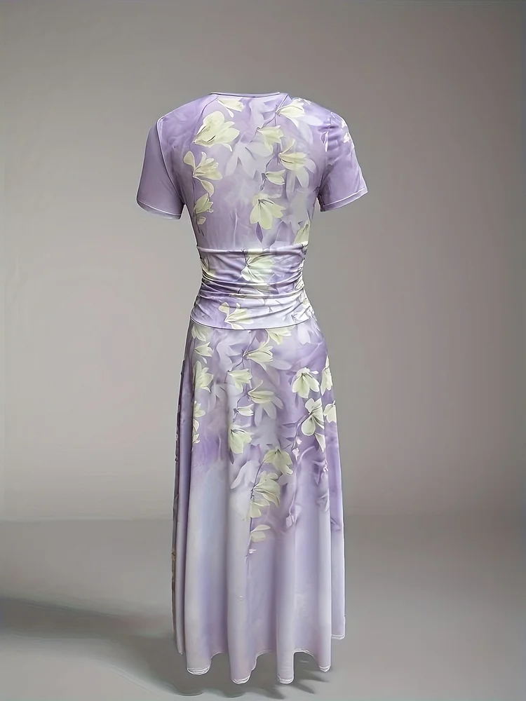 Women's Elegant Short Sleeve Floral Print A-Line Dress - Cross Neckline, Machine Washable, Spring/Summer Casual & Semi-Formal Wear, Short Sleeve Dress, Flowy Skirt Style