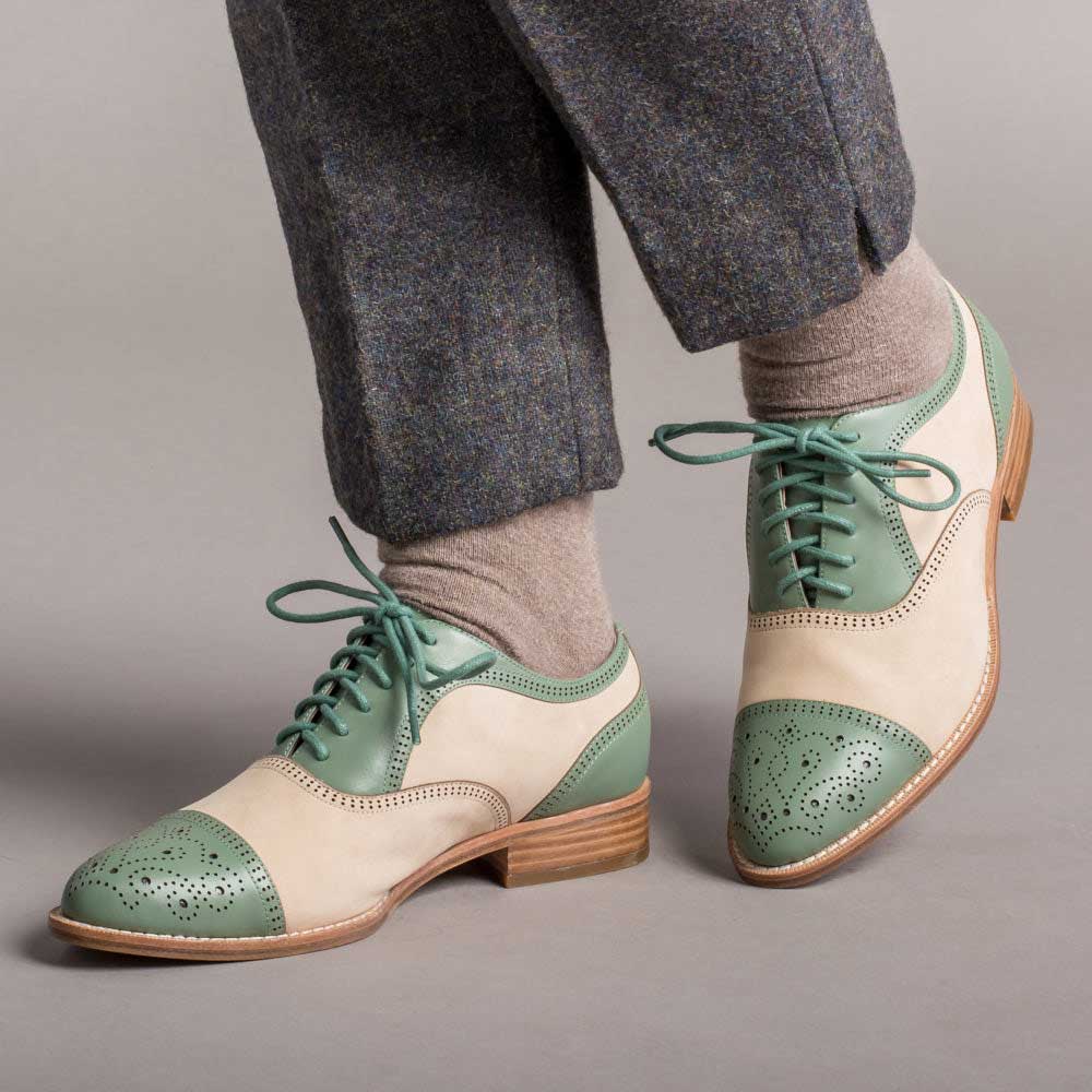 Off-White and Green Vegan Leather Round Toe Lace-Up Oxford Shoes Nicepairs