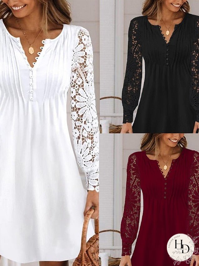 Casual Dress Lace Dress Summer Dress Mini Dress Lace Patchwork Daily Holiday Date Fashion Modern Crew Neck Long Sleeve Regular Fit Black White Wine Color S M L XL XXL Size for Women