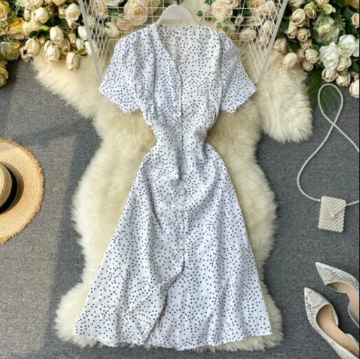 Vintage Polka dot print Chiffon Dress Women 2020 Summer V-neck Single-breasted Short sleeve Dresses Casual Vestidos Mujer