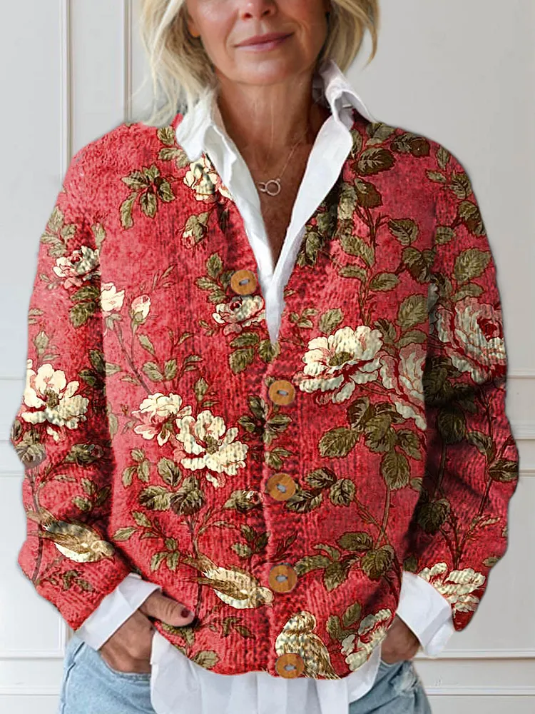 Women's Vintage Floral Art Print Buttoned Cardigan Sweater