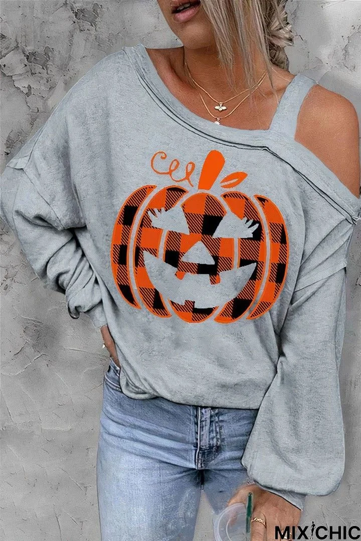 Halloween Print Asymmetrical Neck T-Shirt