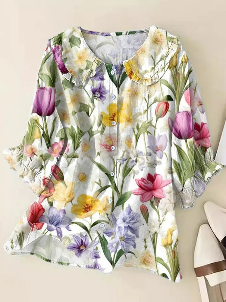 Women's  Fresh Floral Art Print Loose Top Peter Pan Collar Half Sleeve Blouses