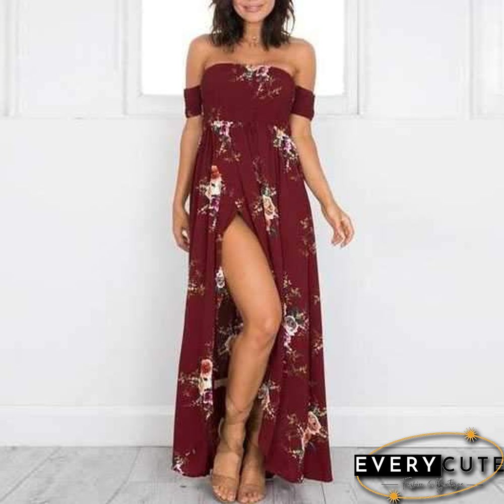 Off The Shoulder Maxi Slit Dress Boho Floral Prints