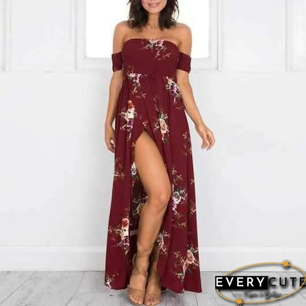Off The Shoulder Maxi Slit Dress Boho Floral Prints