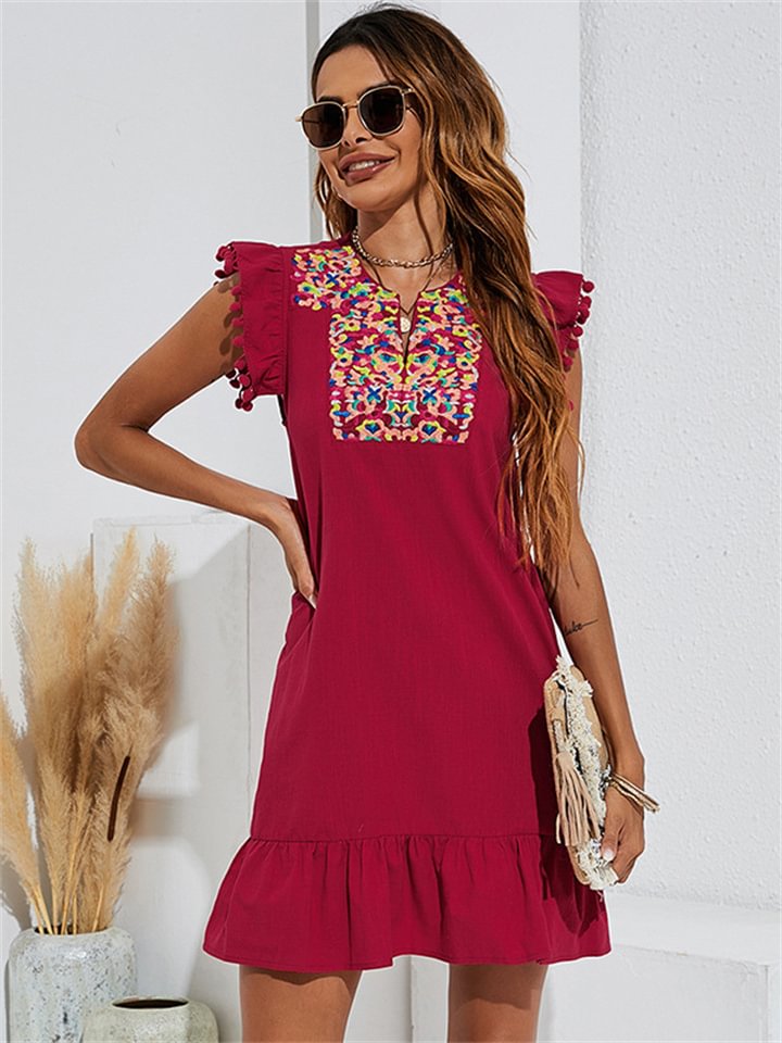 Embroidered Dress Summer Casual Sleeveless Small Solid Color New Short Skirt -vasmok