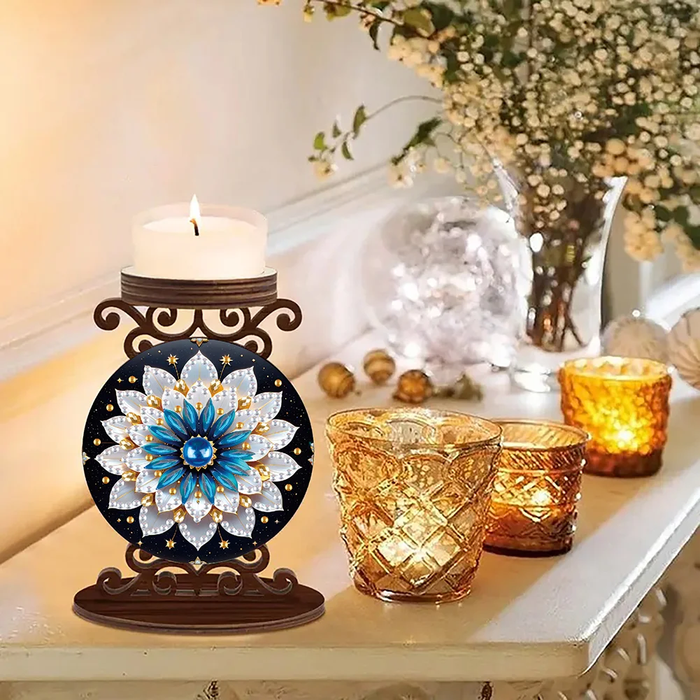 Wooden Diamond Painting Candle Holder Rhinestone Candlestick Decor (Mandala A)
