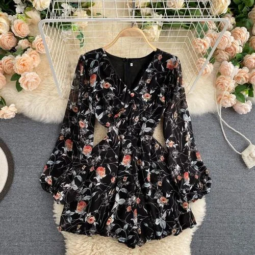 Women's French-Style Vintage Floral Print Jumpsuit V-neck Puff Sleeve Waist Hugging Slimming All-match Casual Playsuits PL465