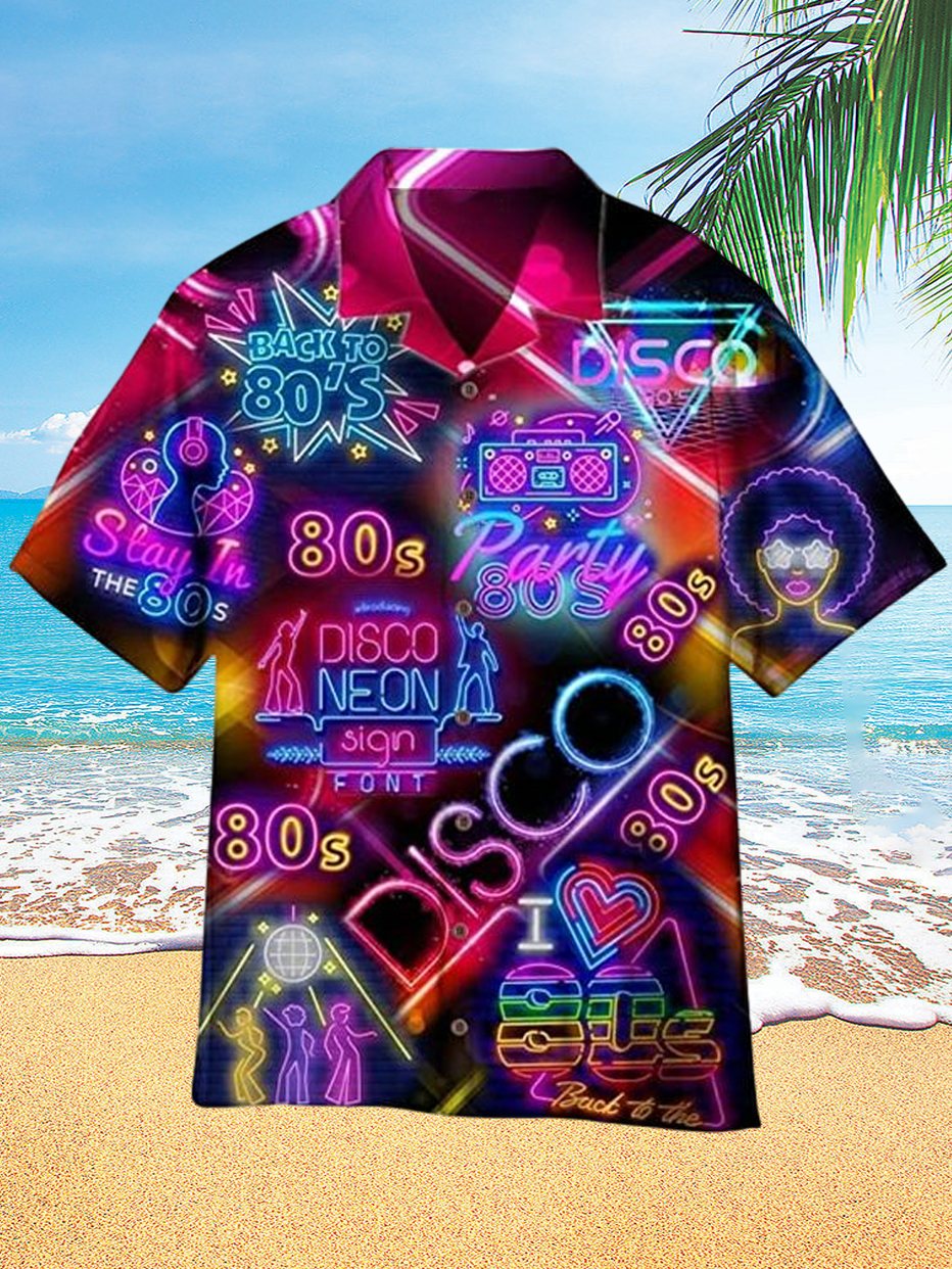 Men's Neon Disco Music Party Print Hawaiian Short Sleeve Cuban Collar Shirt PLUSCLOTHESMAN