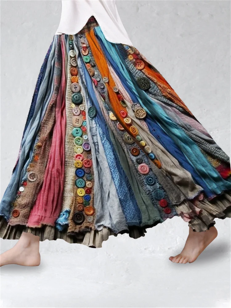 Boho Colorful Textile Flowy Linen Blend Wide Skirt
