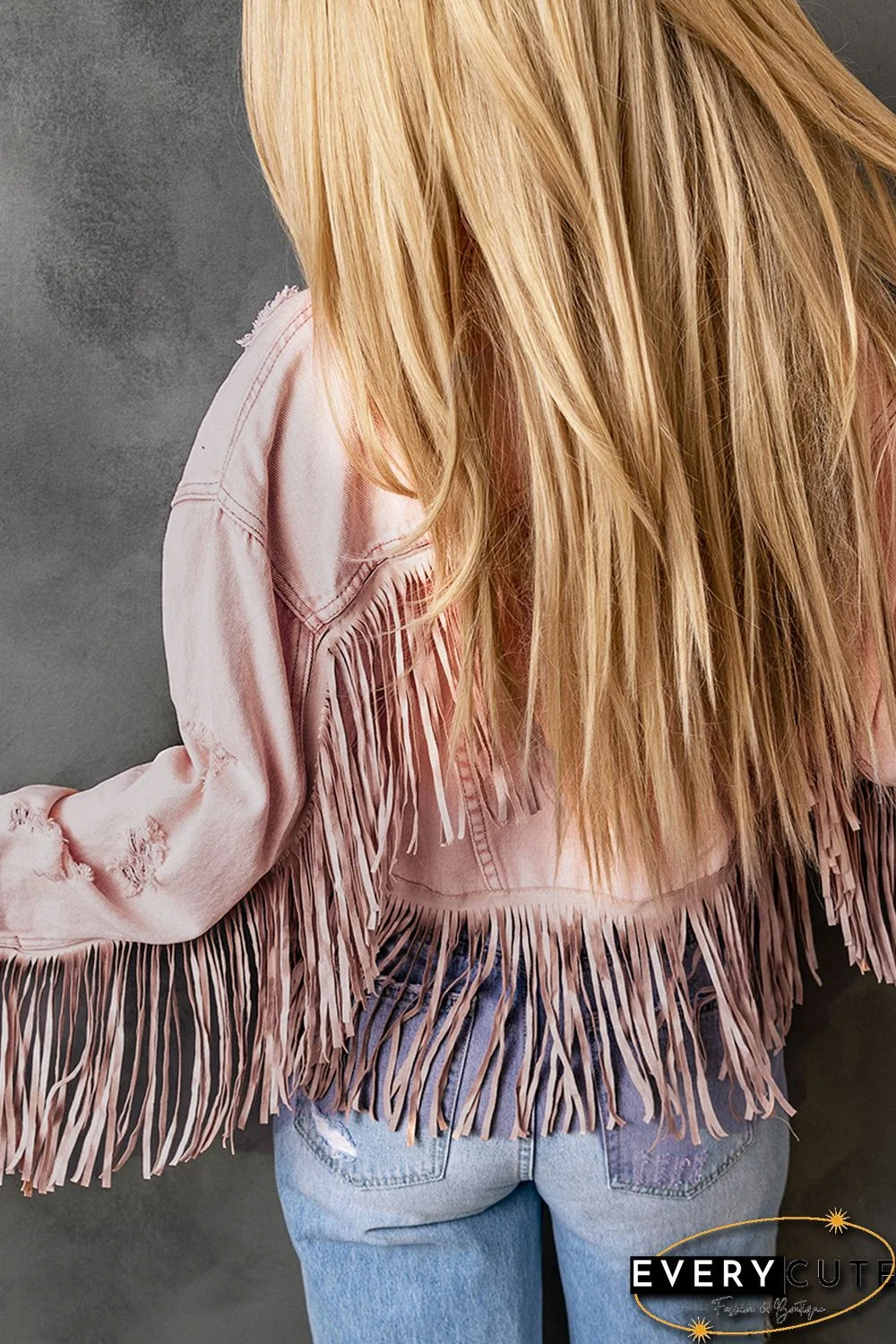 Pink Distressed Fringed Cropped Denim Jacket