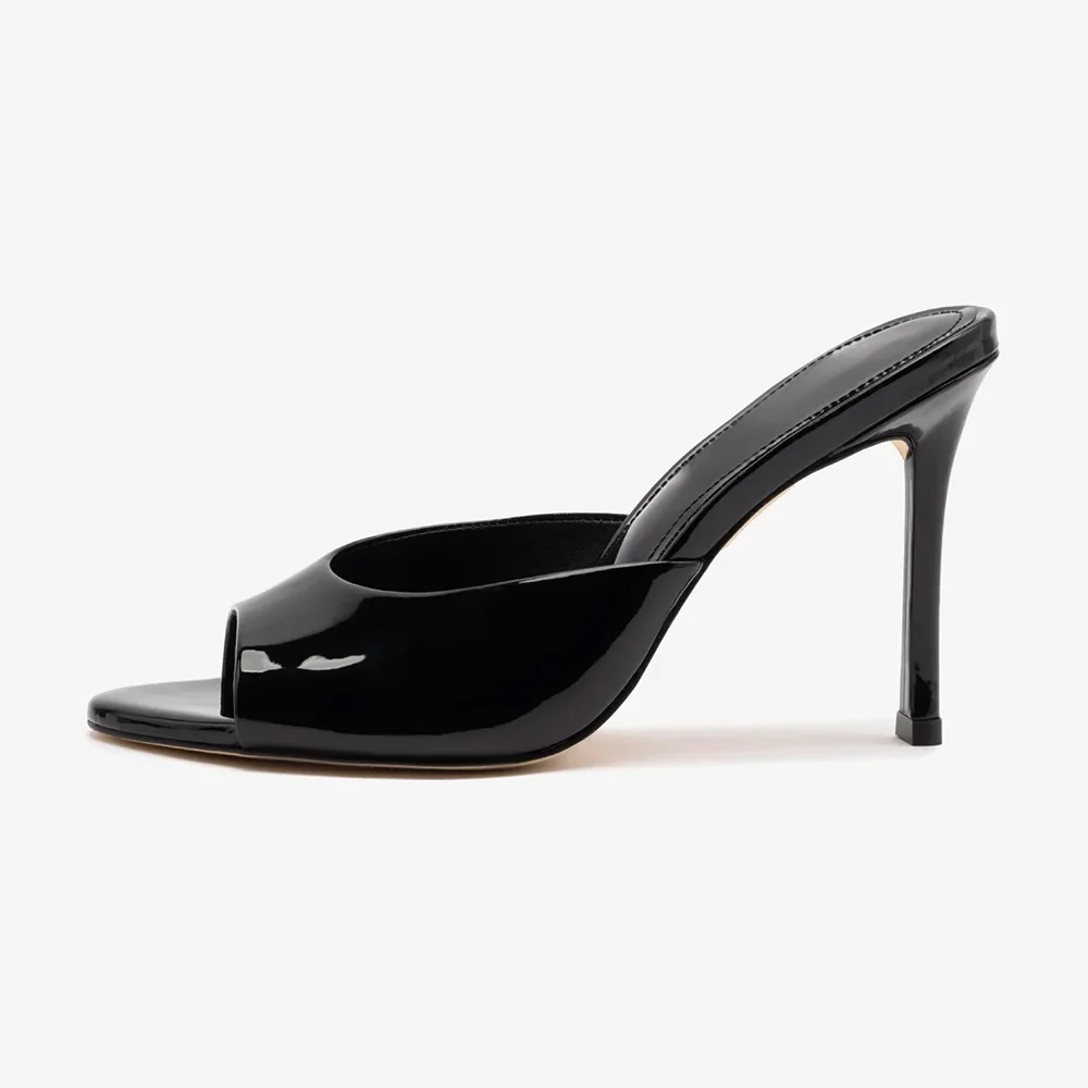 Black Patent Leather Open Toe Stiletto Heel Mule Shoes for Women