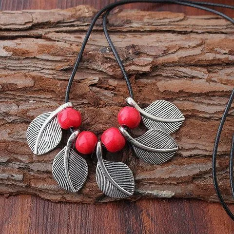 Womens Vintage Alloy Leaf Sweater Necklace