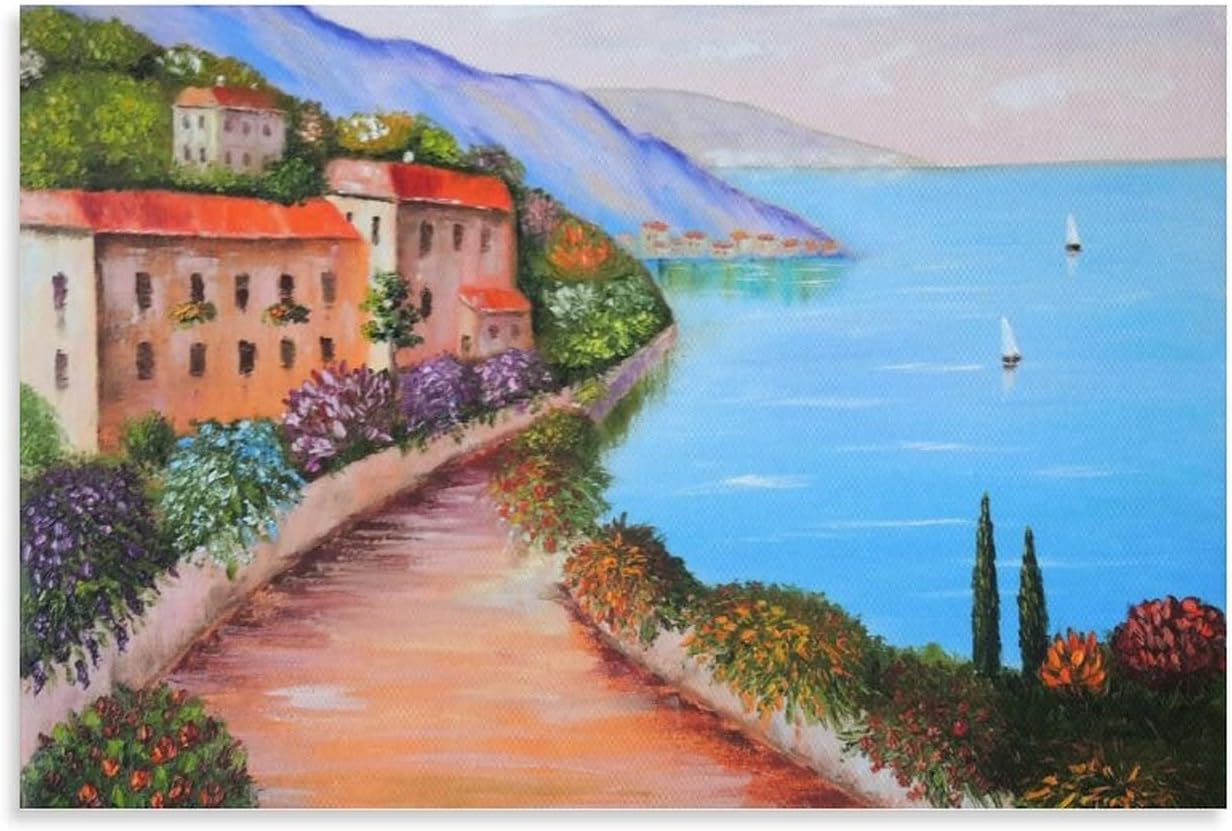 AOMACA Posters Mediterranean Landscape Wall Art Beach Picture Wall Art Seaside Oil Painting Canvas Print for Living Room Bedroom Home Decor 12x18inch(30x45cm) Unframe-Style 12x18inch(30x45cm)
