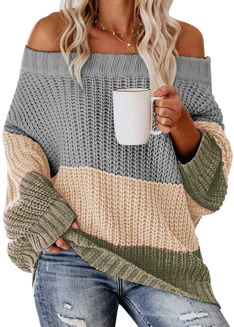 Wongn Wongn And Winter Women's One Word Collar Loose Splicing Color Knit Jumper Sweater Women