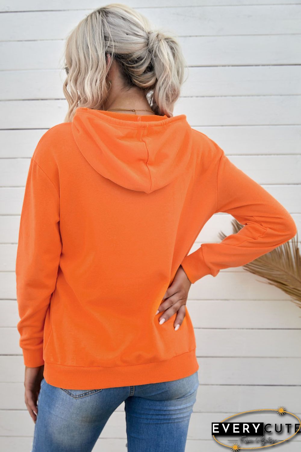 Orange Kangaroo Pocket Long Sleeve Pullover Hoodie