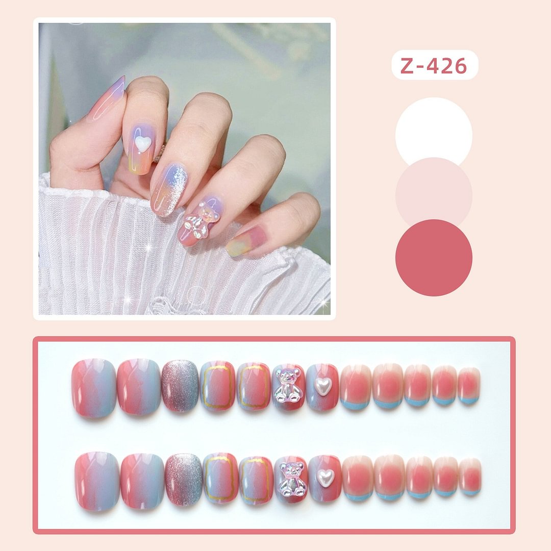 24pcs Press on Nail Pink Bear Decor False Nail Cat Eye Cute Fake Nails Beautiful Design Artificial Acrylic Nail Tips for Girls