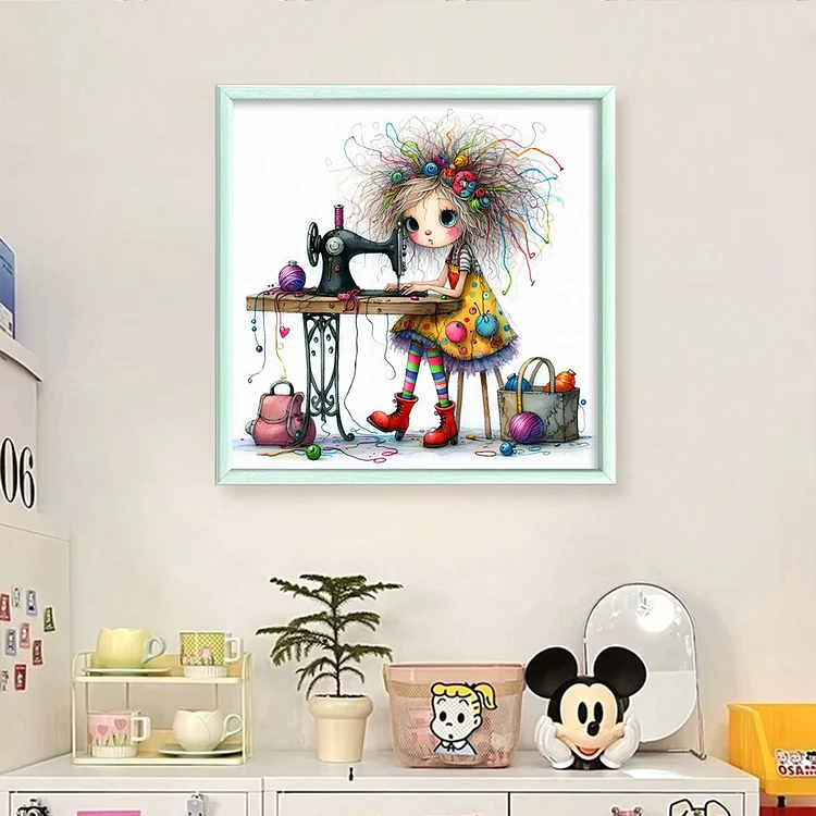 Huacan Brand】Sewing Machine Girl 11CT Stamped Cross Stitch