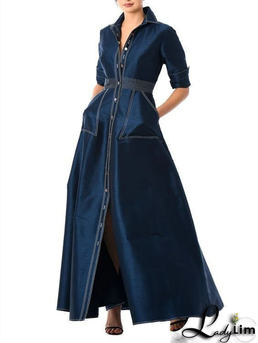 Casual Button Slant Pocket A-Line Shirt Maxi Dress