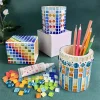 Glass Mosaic Art DIY Kit With Wood Pen Holder Square Crystal Mosaic Supplies Art Kit 