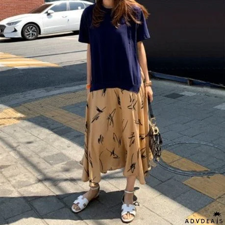 Casual Plus Size Female Stitching Printing Dress for Summer