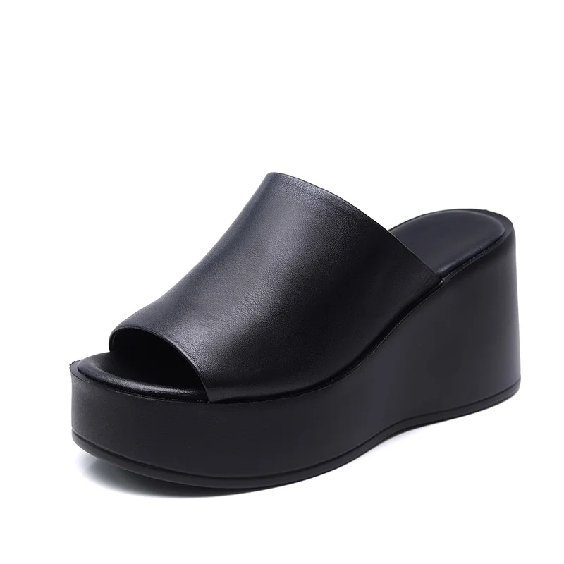 Yyvonne Time 99] Head-Level Cow Skin Retro Slope Hedley Sandals Women In Summer Wearing Loose Cake Thick Bottom Fish Mouth Half Slippers