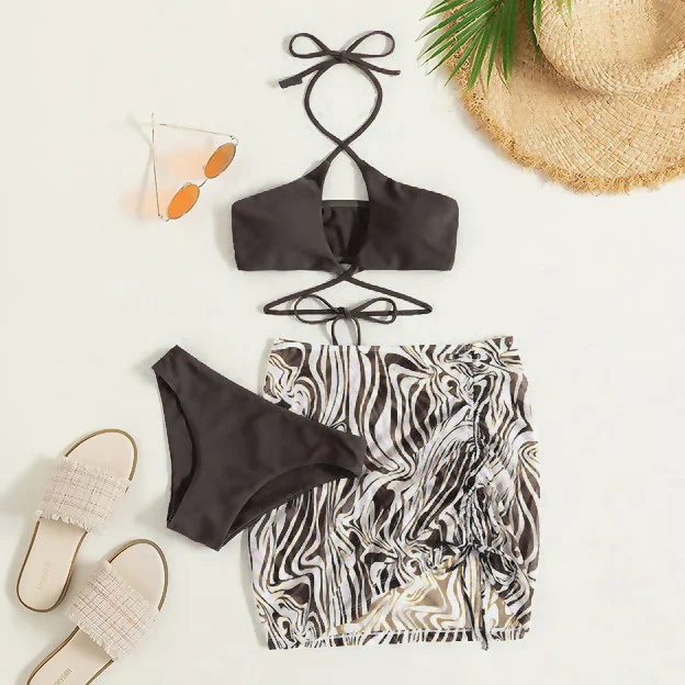 Uveng Uveng New Bikini Sexy Mesh Gathered Solid Color Split Three-Piece Beach Swimsuit