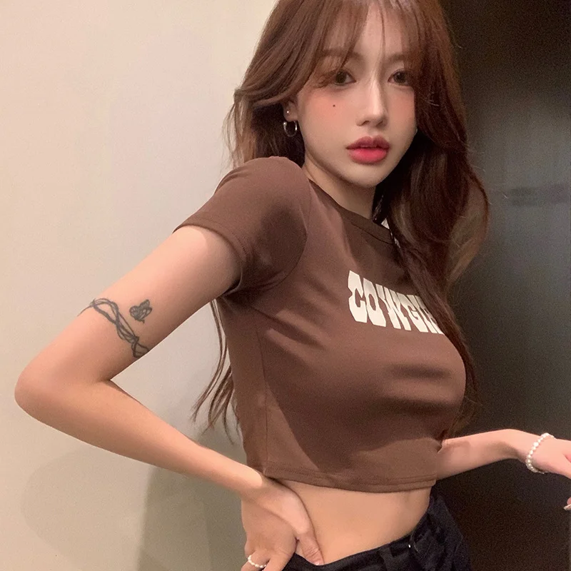 Brownm Brownm Hot Girls Short-Sleeved T-Shirt Women 2024 Summer Slim Slim High Waist Crop Short Top Ins Tide