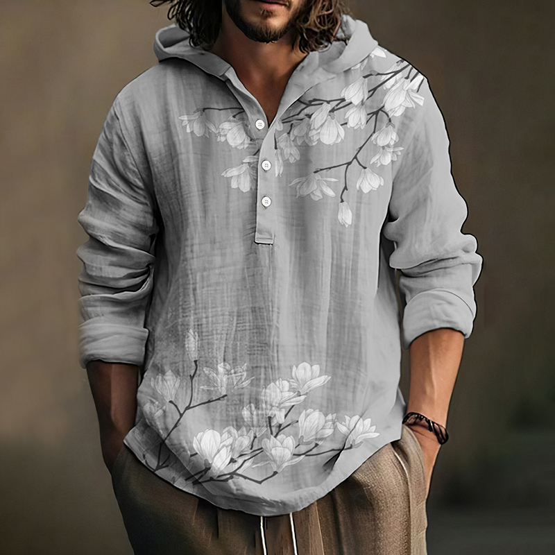 Comstylish Japanese Art Floral Printed Linen Blend Hoodie