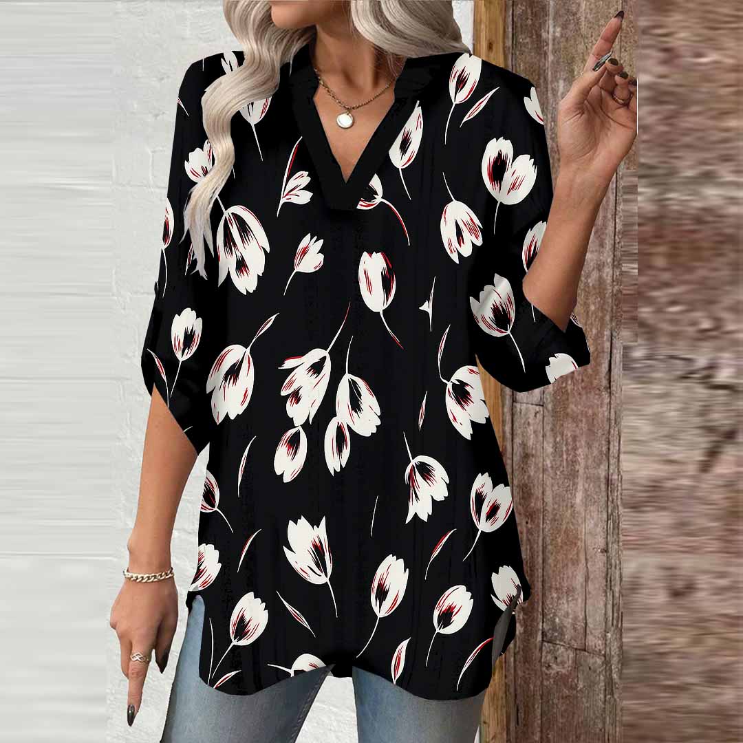 Women Floral, Black, White DZGA0142 3/4 Sleeve V-neck Printed Graphic Button Tops