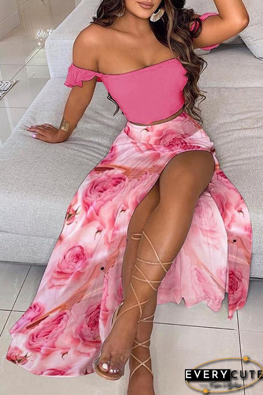 Off Shoulder Ombre Colorblock Top & High Slit Maxi Skirt Sets P13628