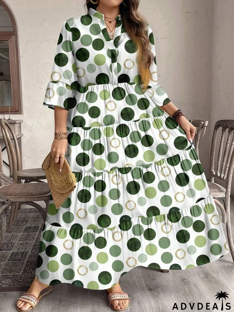 Casual & Elegant Plus Size Women Polka Dot Print Midi Dress, Spring & Autumn