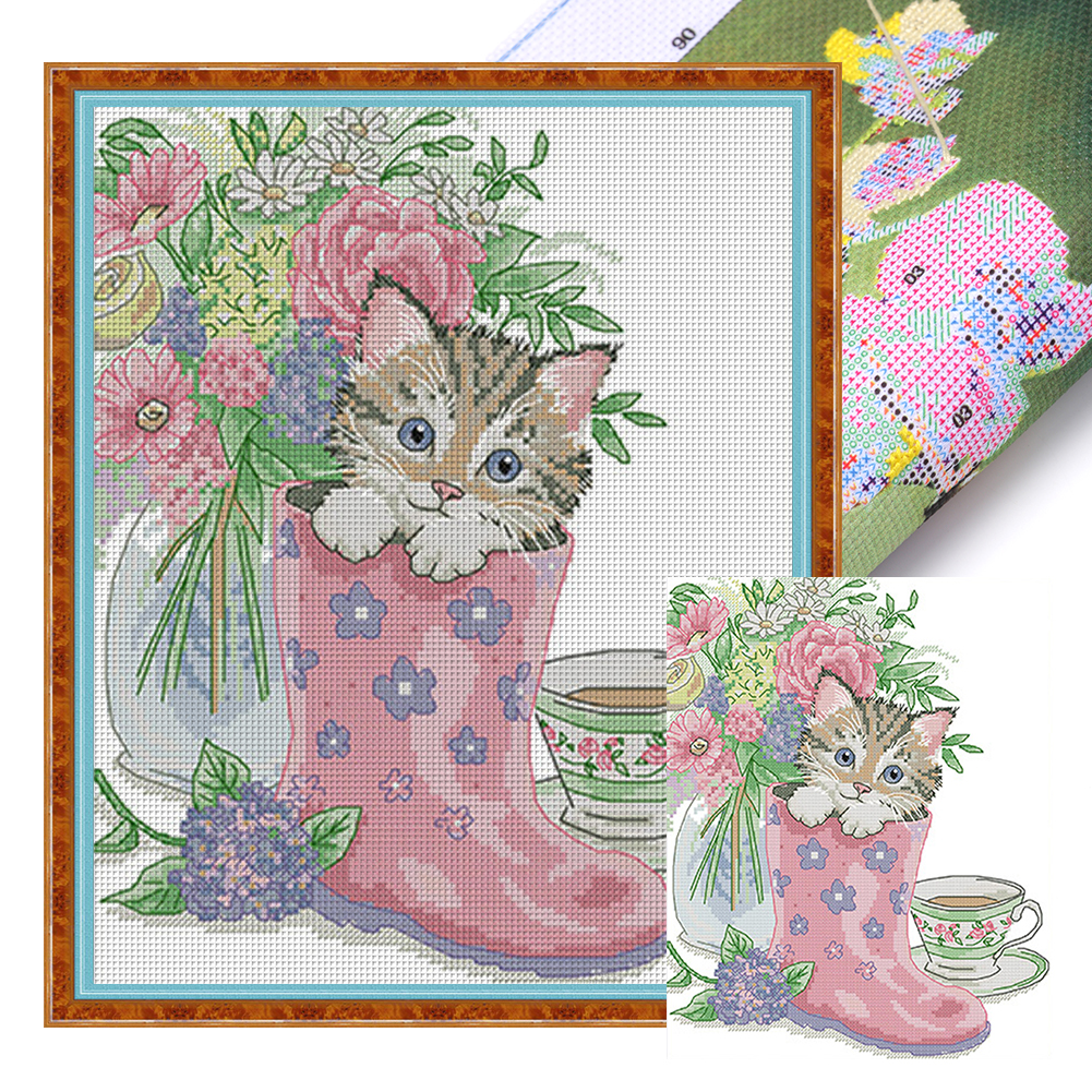 Kitten In Rain Boots Partial 14CT Pre-stamped Canvas(28*33cm) Cross Stitch(backstitch)