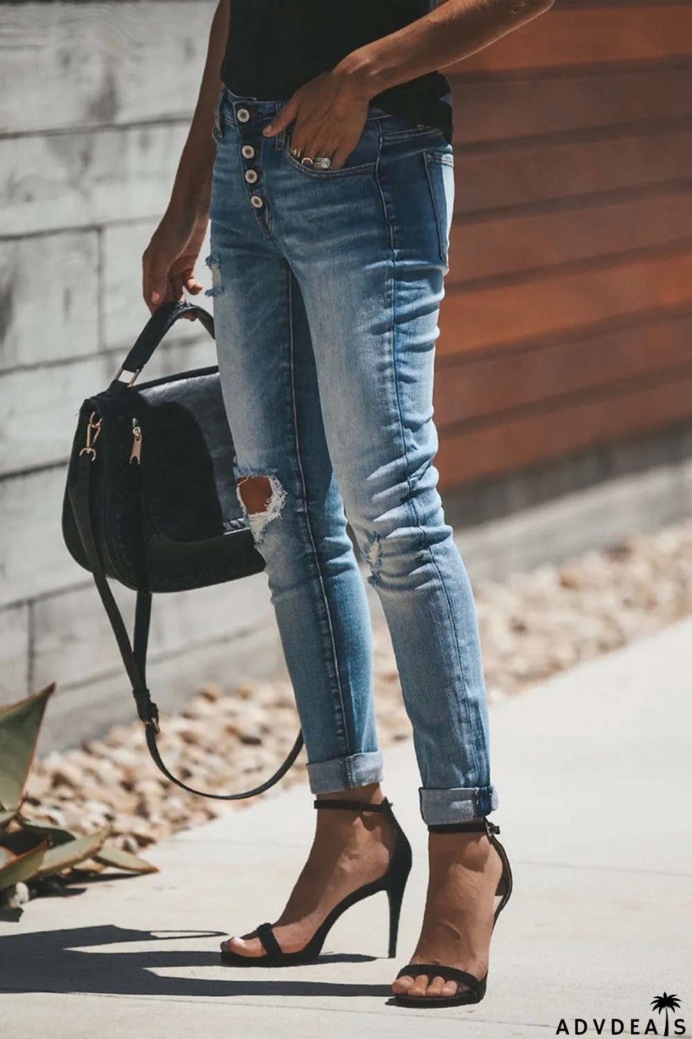 Hole Distressed Button Up Jeans