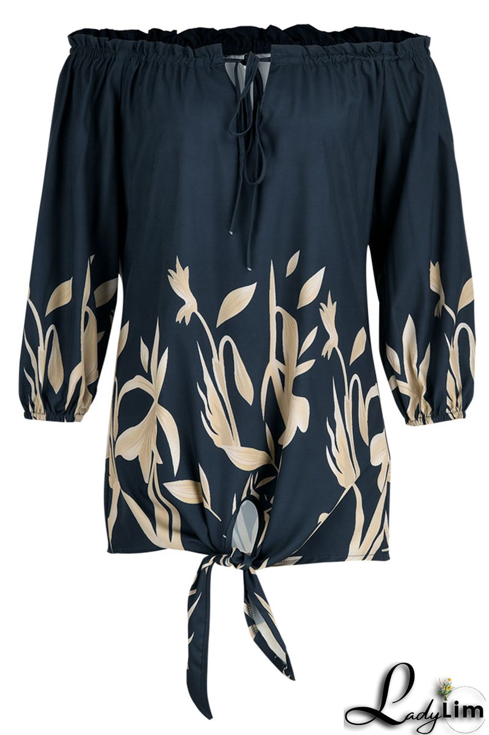 Tibetan Blue Fashion Casual Print Bandage Backless Off the Shoulder Tops