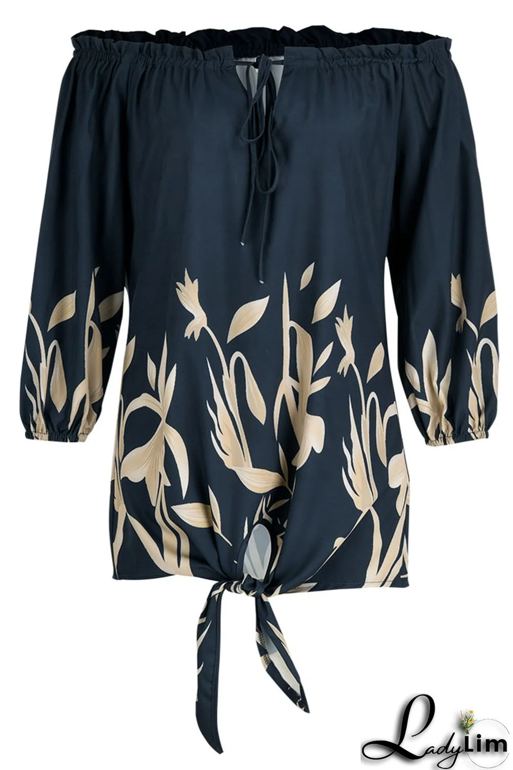 Tibetan Blue Fashion Casual Print Bandage Backless Off the Shoulder Tops