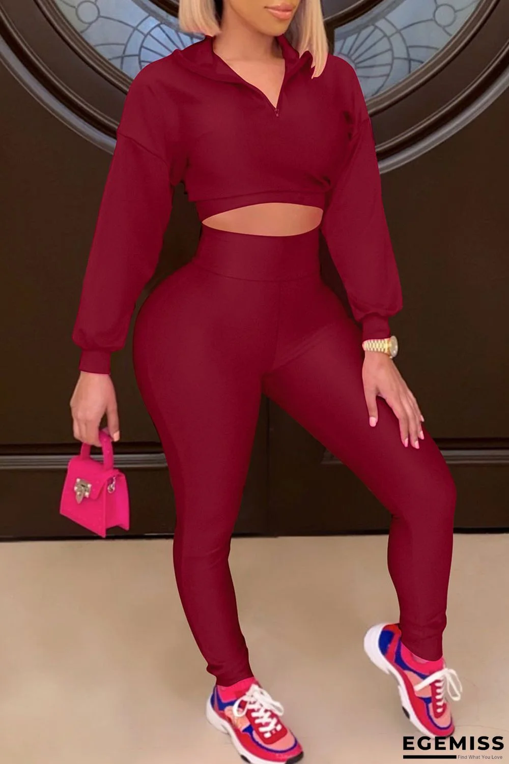 Burgundy Casual Solid Patchwork Turndown Collar Long Sleeve Two Pieces | EGEMISS