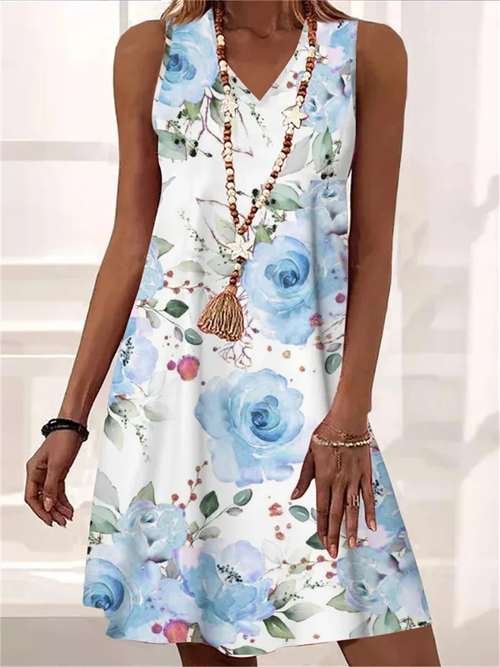 Summer Loose Comfortable Casual V-neck Sheath Sleeveless Plant Floral Print Mid-length A-line Dress Elegant Wind Dress-Cosfine